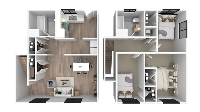 Modern two-story floor plan with open-concept living and dining area, sleek kitchen, two bedrooms, and two bathrooms, ideal for stylish living.