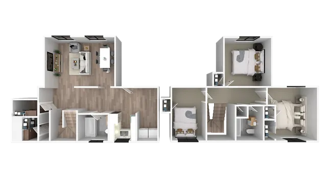 Elegant 3D floor plan showcasing a modern two-story layout with open living and dining areas, two cozy bedrooms, and a stylish bathroom.