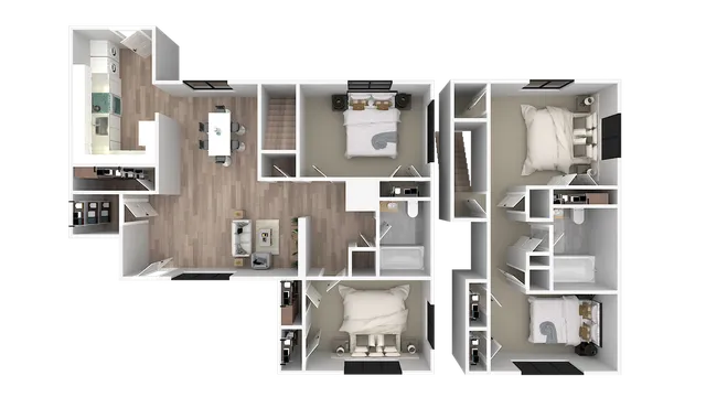 Modern 3-bedroom apartment floor plan featuring an open-concept living area, stylish kitchen with island, and two sleek bathrooms.