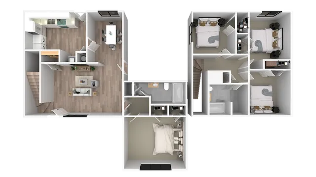 Modern 2D floor plan showcasing 4 bedrooms, an inviting open-concept living and dining area, along with a sleek kitchen design, ideal for family living.