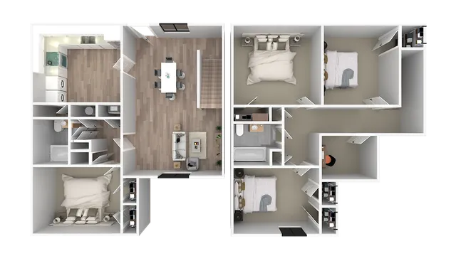 Elegant 3D floor plan featuring 3 spacious bedrooms, a modern kitchen, and a cozy living area with contemporary design.