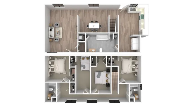 Modern 3D floor plan displaying a spacious layout with 3 bedrooms, an open-concept dining and living area, stylish kitchen, and contemporary bathrooms.