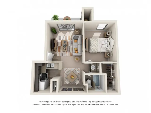 Chic 3D floor plan showcasing a cozy one-bedroom layout with modern kitchen, stylish living room, and a compact bathroom.