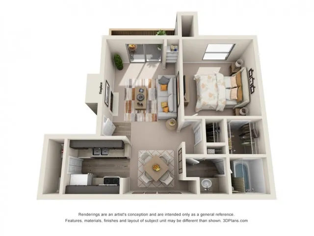 Modern 3D floor plan with a cozy bedroom, stylish open living area, and compact kitchen design.