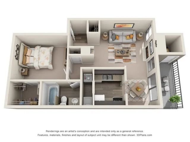 Chic 3D floor plan showcasing a cozy 1-bedroom apartment with a modern kitchen, inviting living room, and balcony access.
