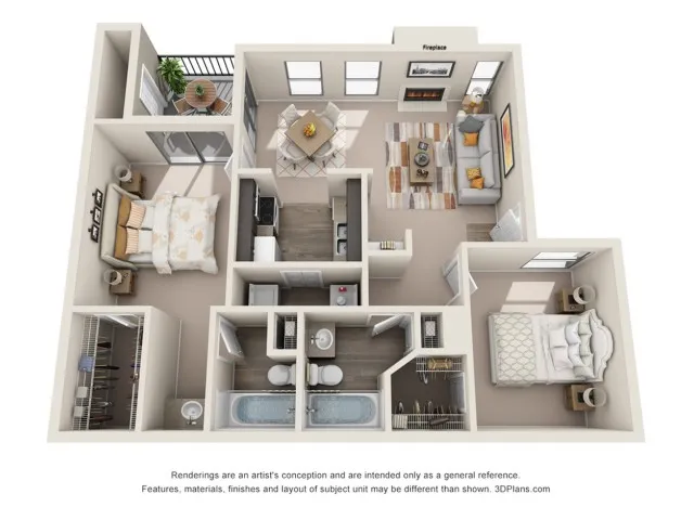 Elegant 3D floor plan showcasing two bedrooms, a cozy living room with a fireplace, modern kitchen, and dining area. Includes two bathrooms, offering spacious and contemporary living space.