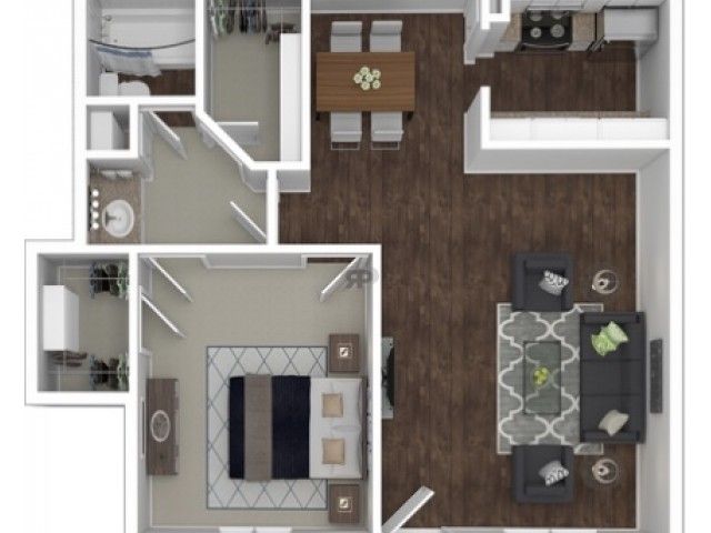 Modern floor plan showcasing a spacious 1-bedroom layout with an elegant living area, stylish kitchen, and cozy dining space.