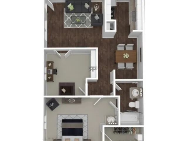 Modern apartment floor plan showcasing a spacious bedroom, elegant living room, cozy study, and an open kitchen with dining area.