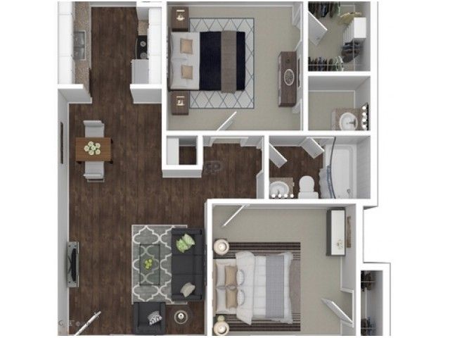 Charming 2D floor plan featuring 2 cozy bedrooms, a modern kitchen, and an inviting living room with warm wood flooring.