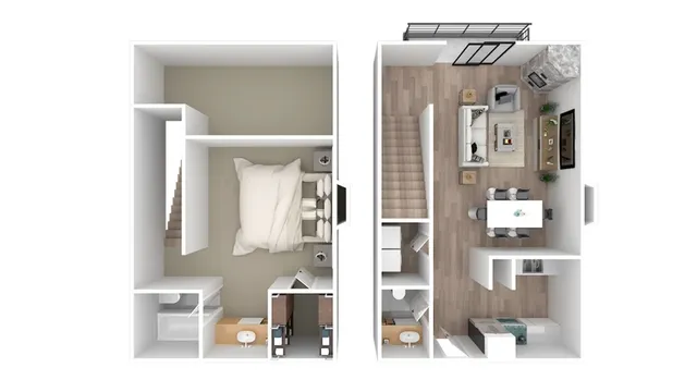 Modern two-story apartment floor plan highlighting a cozy bedroom, elegant living area, and spacious kitchen with dining space.