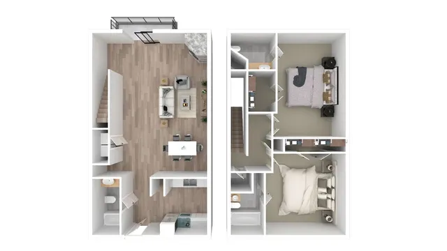 Contemporary 3D floor plan showcasing a stylish two-level apartment with two bedrooms, open-concept living and dining area, modern kitchen, and two bathrooms.