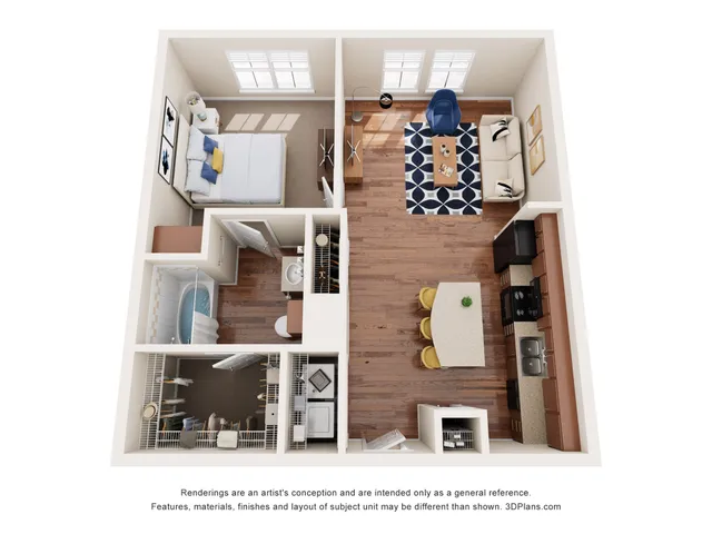 Chic 3D floor plan showcasing a cozy one-bedroom apartment with an open-concept living area, modern kitchen, and sleek bathroom design.