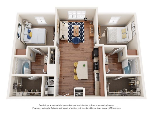 Modern open-concept 3D floor plan with two bedrooms, a stylish living room, and a sleek kitchen. Ideal for contemporary living.