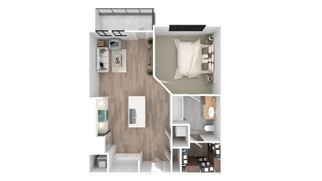 Modern 3D apartment floor plan showcasing 1 bedroom, spacious living area, sleek kitchen, and elegant bathroom with balcony.