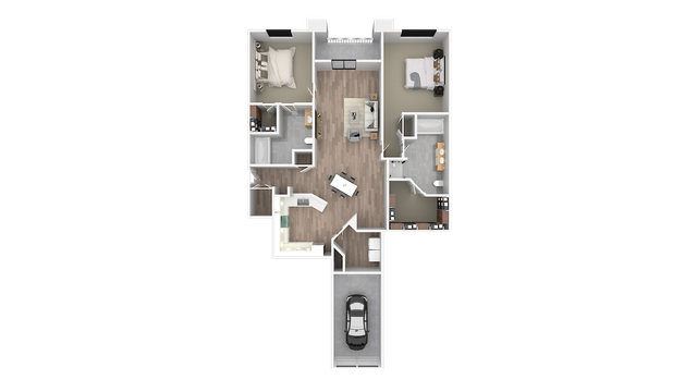 Modern floor plan featuring 2 bedrooms, a spacious living area, stylish kitchen, 2 bathrooms, and a single-car garage.