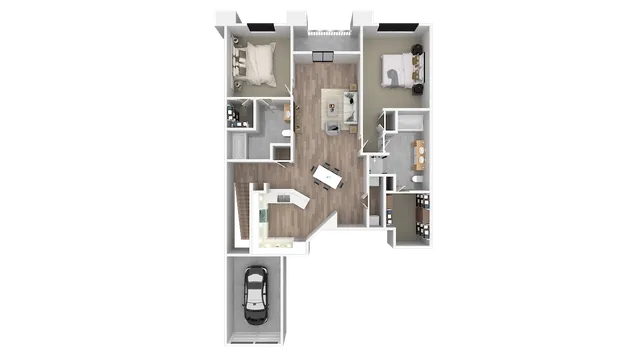 Modern 3D apartment floor plan featuring two cozy bedrooms, bright open-plan living and dining area, sleek kitchen, two bathrooms, and an attached garage.