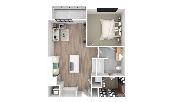 Modern floor plan showcasing a spacious open-concept living area, one bedroom, a sleek kitchen island, and a contemporary bathroom layout.