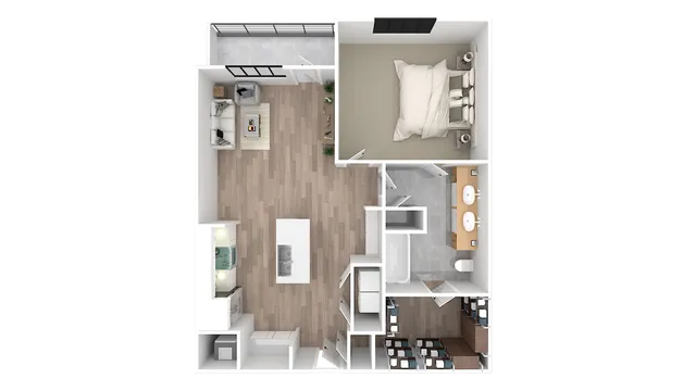 Elegant 2D floor plan showcasing a spacious one-bedroom apartment with an open-concept living area, modern kitchen, and luxurious bathroom.