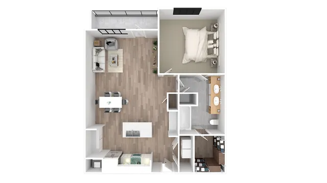 Modern open-concept floor plan showcasing a spacious living room, integrated dining area, sleek kitchen, cozy bedroom, and elegant bathroom with double sinks.
