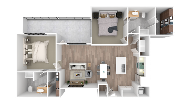 Modern 2D floor plan showcasing 2 bedrooms, open living and dining space, a sleek kitchen, and balcony area.