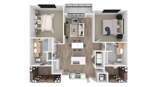 Elegant 2D floor plan showcasing two spacious bedrooms, a modern open-concept living and dining area, and a stylish kitchen with an island.