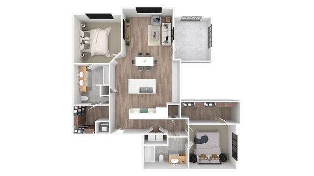 Modern 3D floor plan showcasing 2 spacious bedrooms, an open-concept kitchen and living area, plus a private balcony.