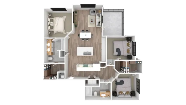 Modern 3-bedroom apartment floor plan showcasing an open-concept living area, sleek kitchen with island, two elegant bathrooms, and a spacious balcony.