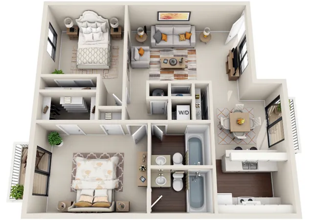 Charming 3D floor plan showcasing 2 bedrooms, cozy living room, modern kitchen with dining area, and a luxurious bathroom. Includes a laundry area for convenience.