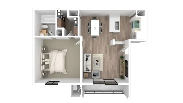 Chic floor plan showcasing a sleek 1-bedroom layout with a spacious open-concept living and dining area, modern kitchen, and elegant bathroom.