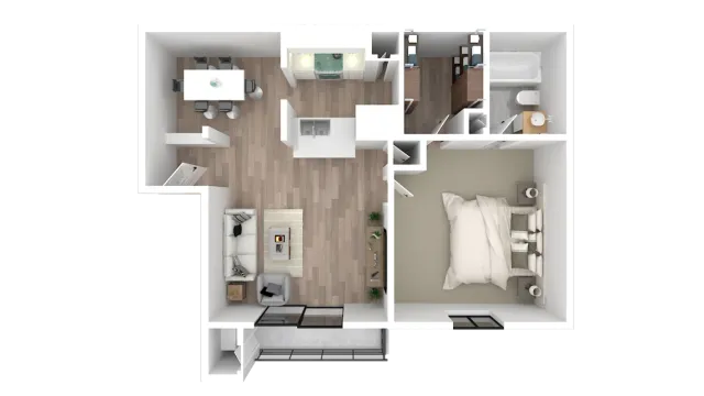 Modern 3D floor plan showcasing a cozy one-bedroom apartment with a stylish living room, sleek kitchen, and a charming balcony.