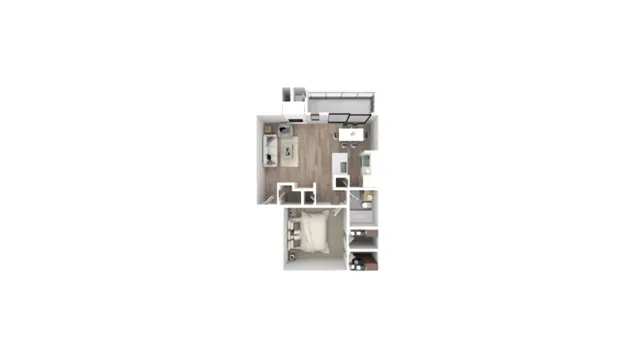 Modern 1-bedroom floor plan with open-concept living area, sleek kitchen, and stylish bathroom.