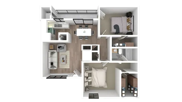 Modern 3D floor plan showcasing 2 cozy bedrooms, sleek kitchen with dining area, and inviting living room with ample natural light.