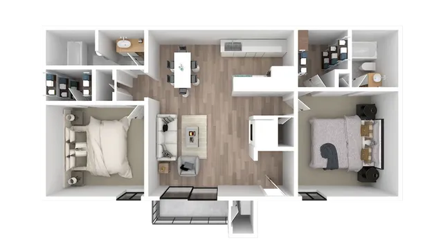 Modern 3D floor plan showcasing 2 spacious bedrooms, an open-concept living and dining area, and a sleek kitchen. Includes two luxurious bathrooms and a cozy balcony space.