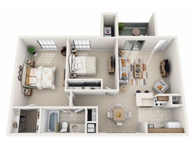 Elegant 3D floor plan showcasing 2 bedrooms, modern kitchen, open living area, and cozy balcony space.
