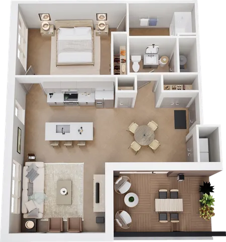Elegantly designed 3D floor plan featuring a cozy bedroom, a modern kitchen with island, an inviting living area, and a stylish outdoor patio.