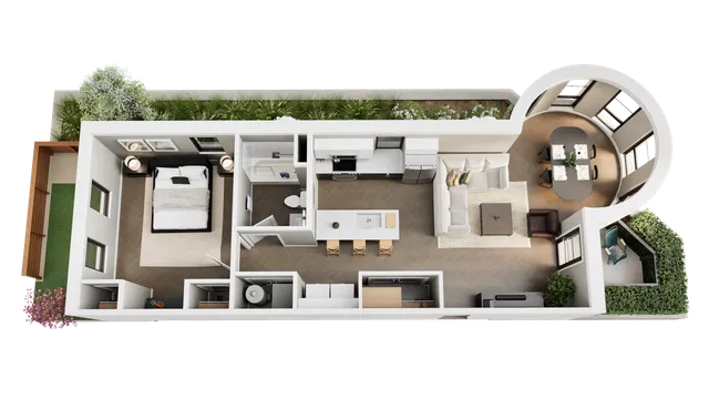 Modern 3D floor plan featuring a cozy bedroom, elegant bathroom, sleek kitchen with island, open living space, and a stylish dining area with curved windows.