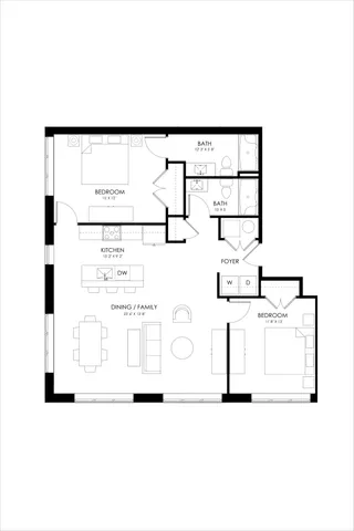 Elegant floor plan showcasing a spacious 2-bedroom layout with modern kitchen, cozy dining and family area, plus two well-appointed bathrooms.