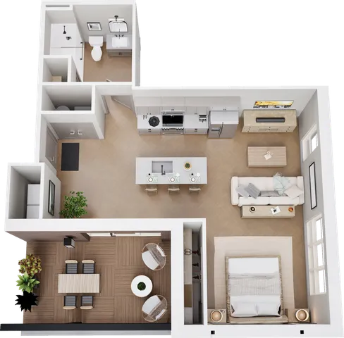 Modern 3D floor plan showcasing a spacious one-bedroom apartment with an open-concept kitchen and living area, stylish dining room, and elegant bathroom.