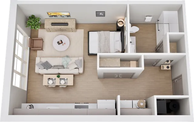 Modern apartment floor plan showcasing a spacious open living area with a cozy bedroom, stylish kitchen, and sleek bathroom.
