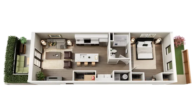 Chic apartment floor plan showcasing an open living room with stylish decor, modern kitchen with breakfast bar, cozy bedroom, and elegant bathroom, all connected to a charming outdoor patio.