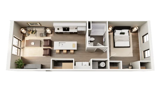 Modern 3D apartment layout with one bedroom, sleek kitchen with island, cozy living area, and stylish bathroom.