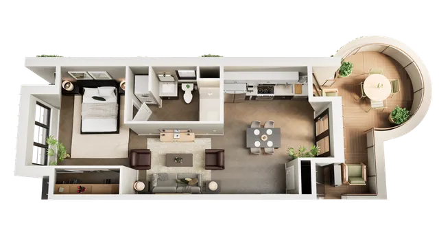 Elegant 3D floor plan showcasing a modern one-bedroom apartment with stylish living room, efficient kitchen, and chic circular balcony.