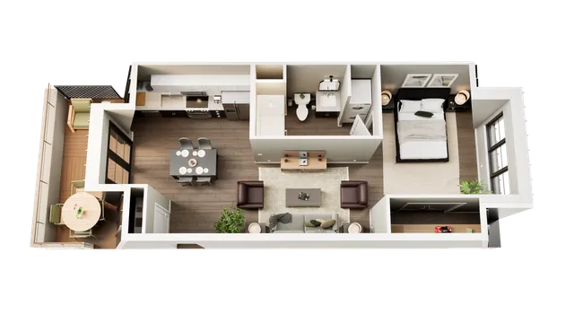 Modern 3D floor plan showcasing a single-bedroom apartment with an open living area, sleek kitchen, and private balcony.