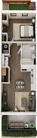Chic 1-bedroom apartment floor plan featuring an elegant open-concept living and dining area, modern kitchen, lush balcony, and a stylish bathroom.