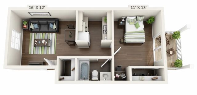Chic 1-bedroom apartment floor plan with cozy living room, compact kitchen, modern bath, and inviting balcony.