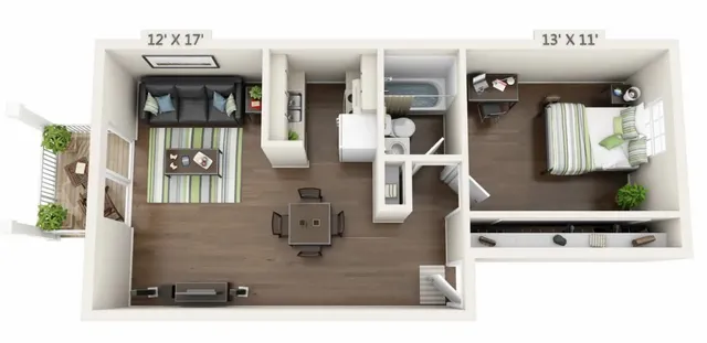 Charming 3D floor plan showcasing a cozy 1-bedroom apartment with an inviting living area, modern kitchen, and a private balcony.