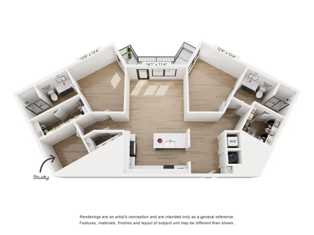 Elegant 3D floor plan showcasing three bedrooms, a modern kitchen island, open dining area, bathrooms, a study, and a welcoming balcony.