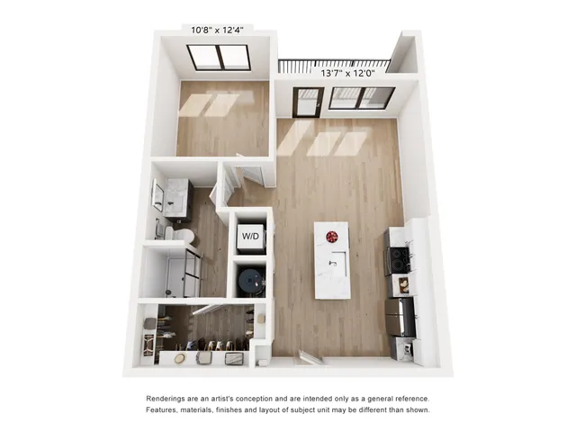 Modern floor plan showcasing a spacious open-concept living area with kitchen island, one bedroom, and bathroom. Features include a convenient washer and dryer space to enhance urban living.