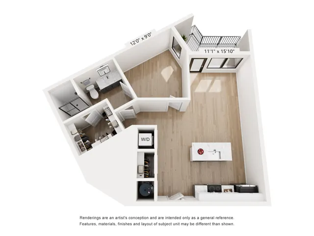 Chic 3D floor plan featuring a spacious studio layout with elegant living area, modern kitchen, private balcony, and in-unit washer/dryer.
