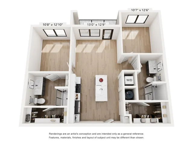 Modern 3D floor plan showcasing two bedrooms, a bright open-concept living area, and a sleek kitchen with island. Includes two bathrooms and laundry area, designed with elegant finishes.